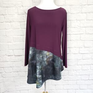 Sun Kim Plum Purple Tunic Top with Printed Contrast at Asymmetric Hem Sz XS